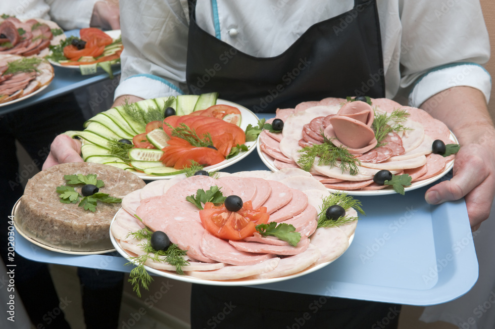 Sliced ham on a tray