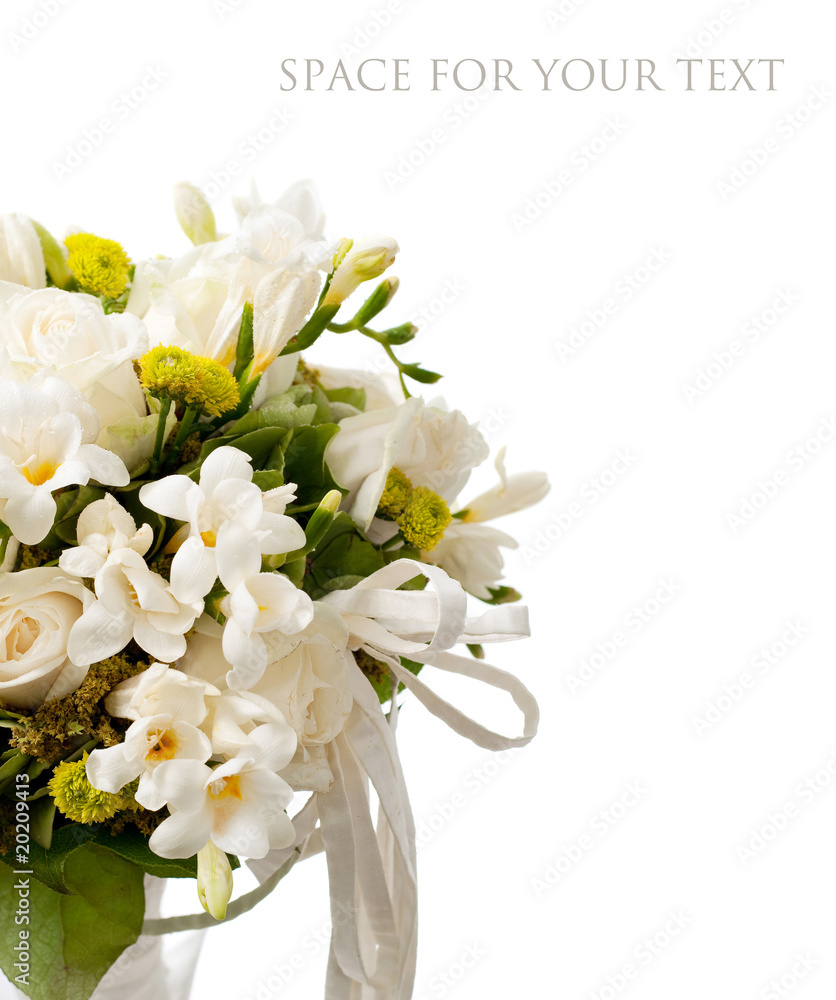 white bouquet isolated on white background (with sample text).
