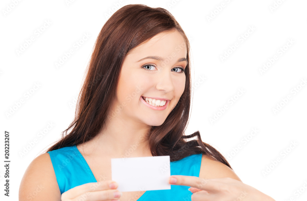 happy girl with business card over white happy girl with business card over white
