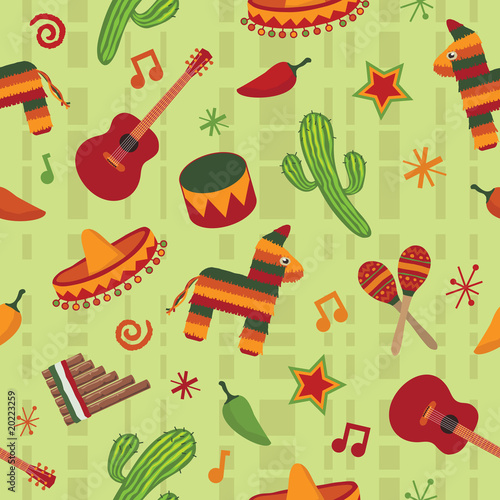 mexican seamless pattern sombrero pinata panpipes chili guitar clipart on green background wallpaper