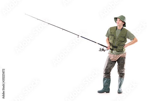 A young fisherman waiting isolated on white background