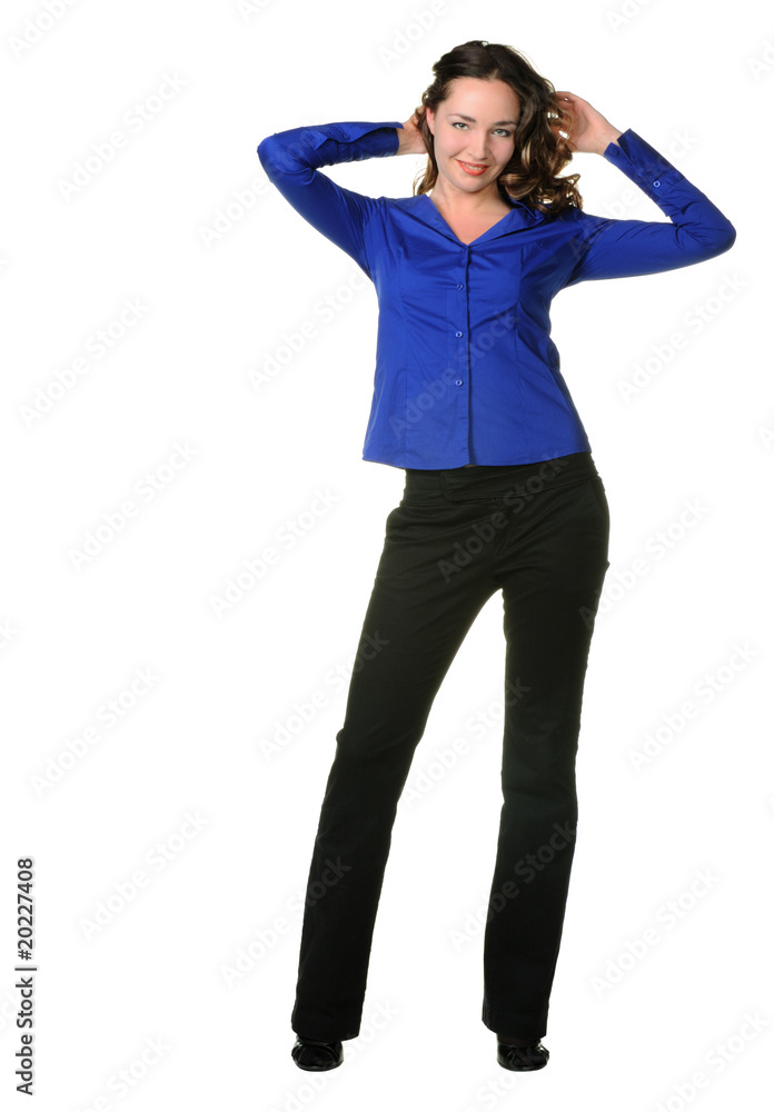 The attractive girl in trousers and dark blue shirt The attractive girl in trousers and dark blue shirt
