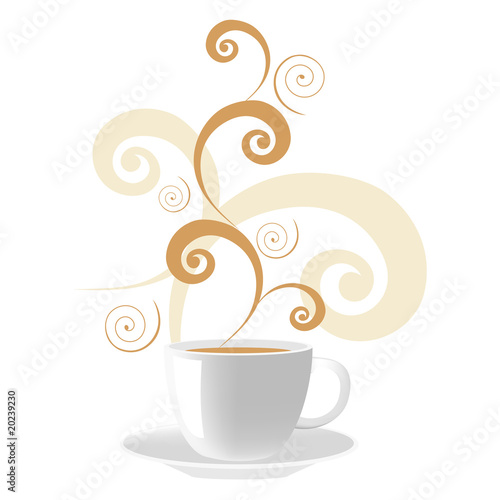 Vector illustration of cup of coffee with swirls on the top.