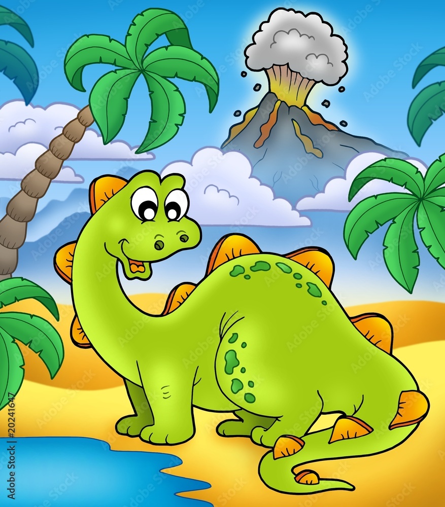 Fototapeta premium Cute dinosaur with volcano
