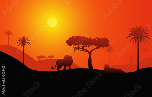 African savanna landscape with lions and palms