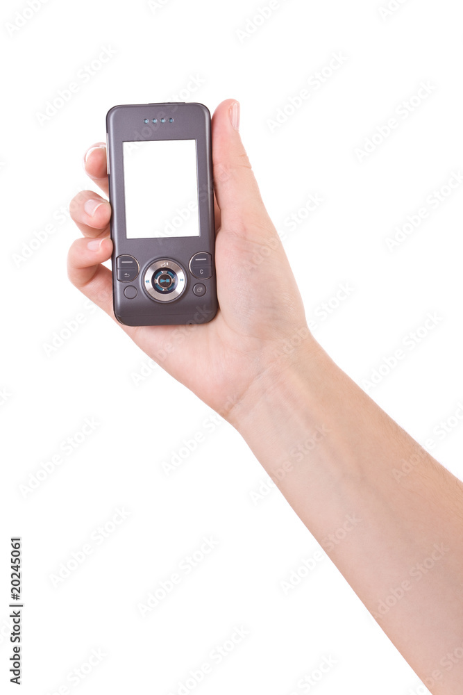 Hand holding mobile phone isolated on white Hand holding mobile phone isolated on white