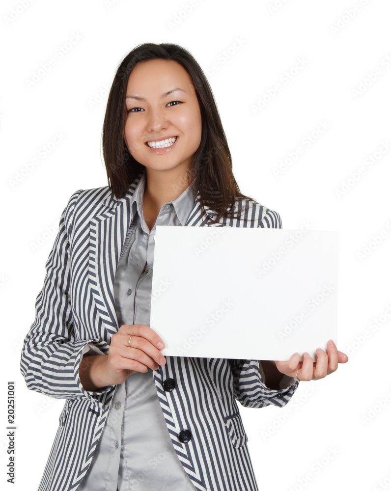 young girl holding a banner ad isolated over a white background young girl holding a banner ad isolated over a white background