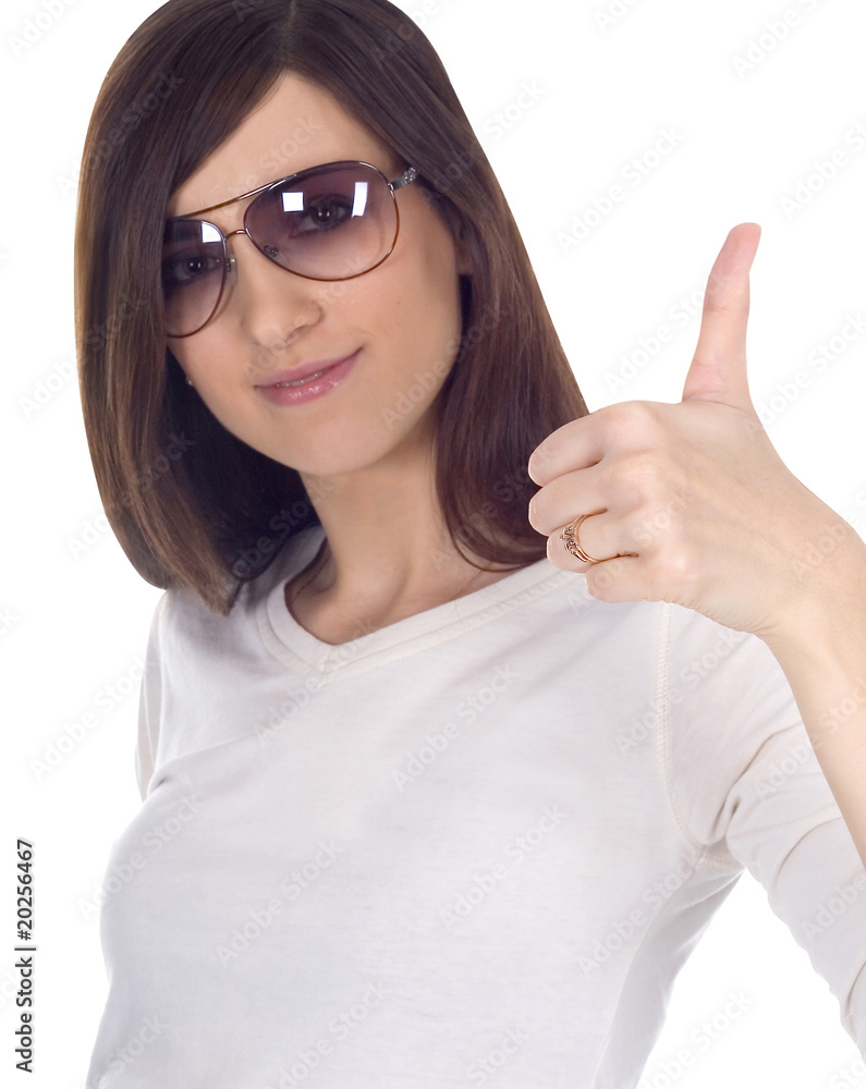 beautiful woman in sunglasses showing ok beautiful woman in sunglasses showing ok