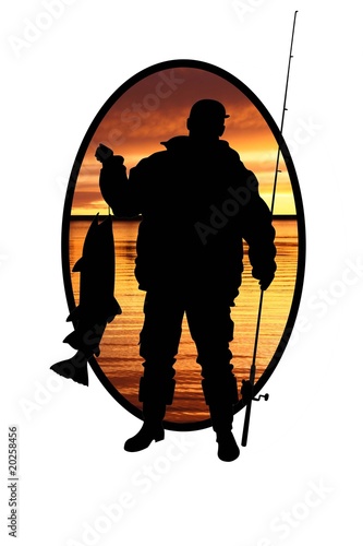 fisherman with a fish on a sunrise background