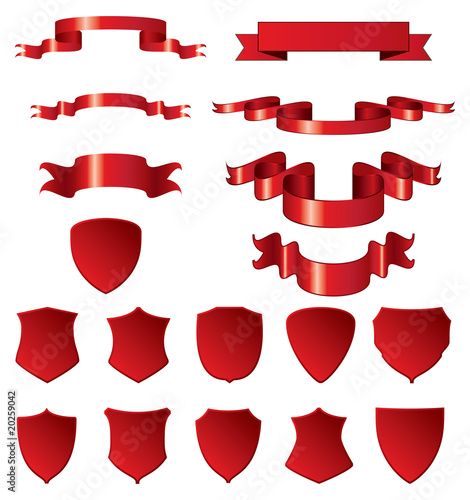 Red shields and ribbons. Vector elements for design.