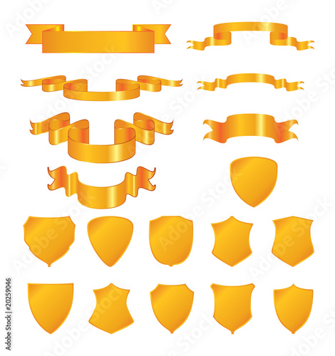 Golden shields and ribbons. Vector elements for design.
