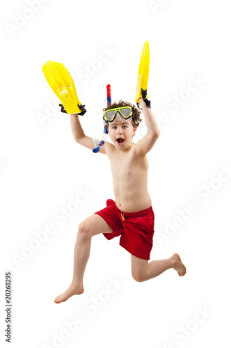 Boy ready to swim and dive isolated on white