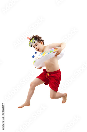 Boy ready to swim and dive isolated on white