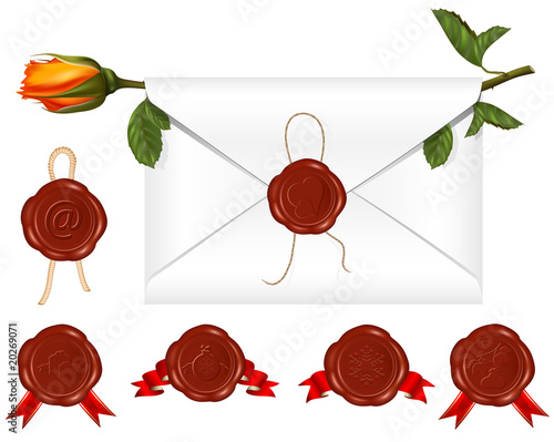 Letter with wax seal and rose. Set of different wax-seals.