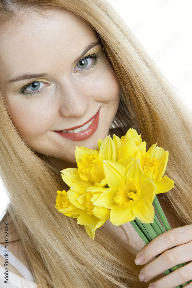portrait of young woman with daffodils portrait of young woman with daffodils