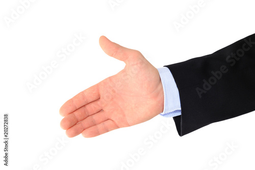 Business man giving a hand shake on white background