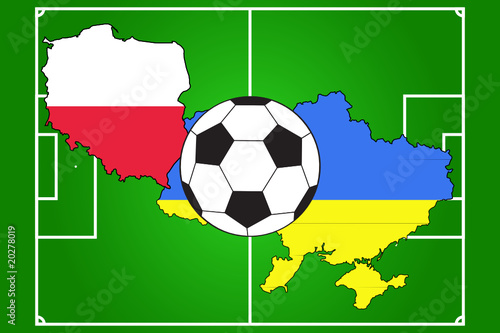 soccer ball with flags of Poland and Ukraine on field background