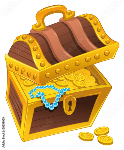 Golden coffer with treasure. Vector and cartoon isolated object.