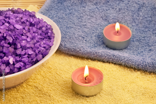 Violet bath salt and two candles