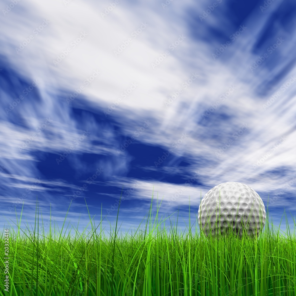 High resolution 3d white golf ball in green grass background High resolution 3d white golf ball in green grass background