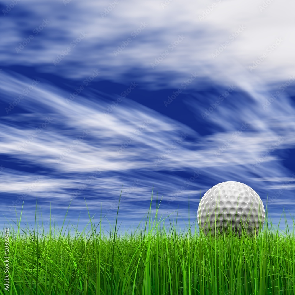 High resolution 3d white golf ball in green grass background High resolution 3d white golf ball in green grass background