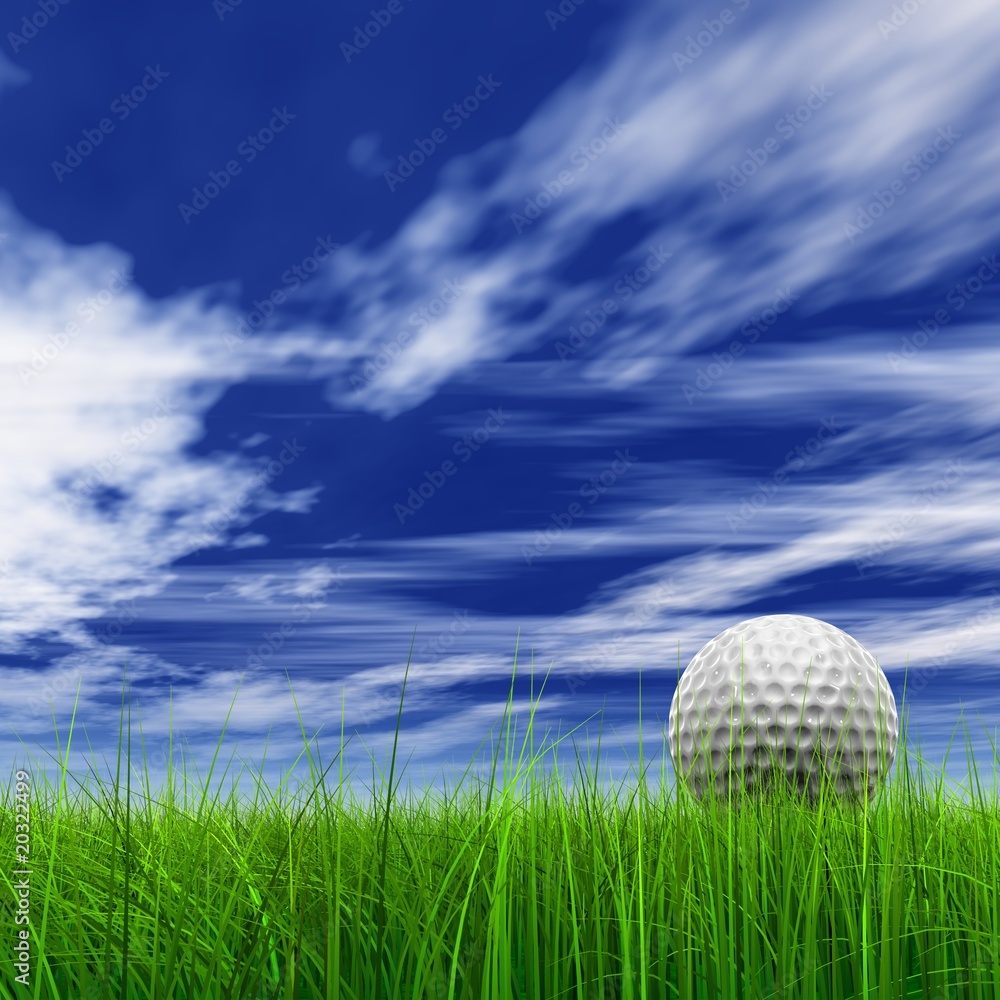 High resolution 3d white golf ball in green grass background High resolution 3d white golf ball in green grass background