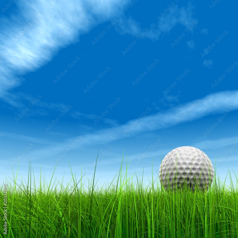 High resolution 3d white golf ball in green grass background