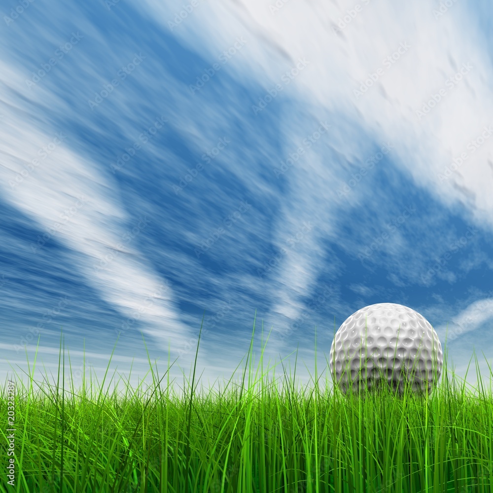 High resolution 3d white golf ball in green grass background High resolution 3d white golf ball in green grass background