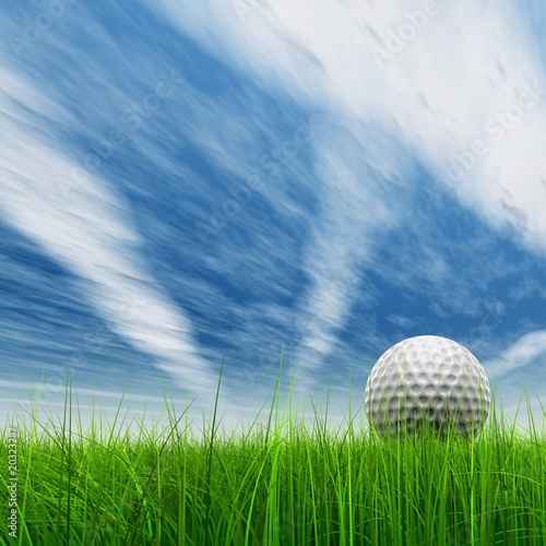 High resolution 3d white golf ball in green grass background