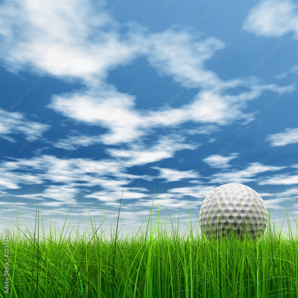 High resolution 3d white golf ball in green grass background High resolution 3d white golf ball in green grass background