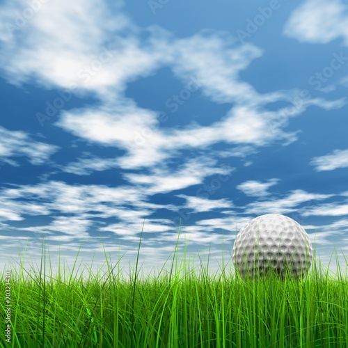 High resolution 3d white golf ball in green grass background