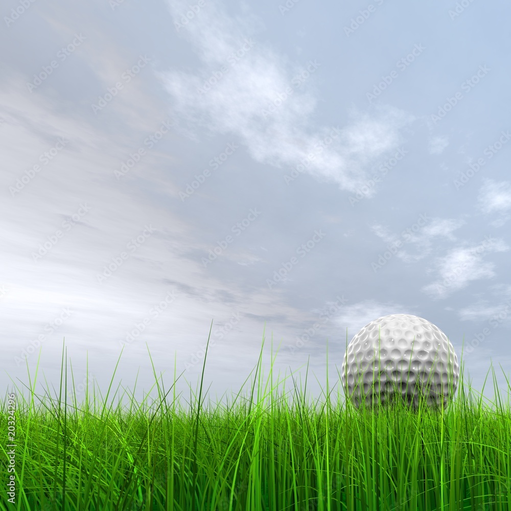 High resolution 3d white golf ball in green grass background High resolution 3d white golf ball in green grass background
