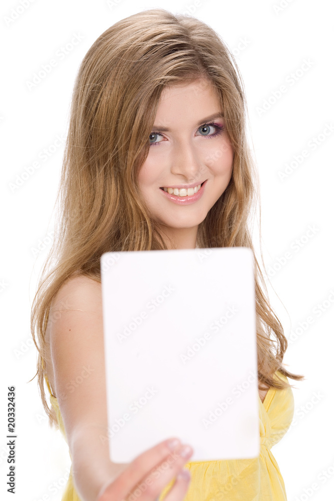 ÊPortrait of a beautiful business woman holding a blank note car ÊPortrait of a beautiful business woman holding a blank note car