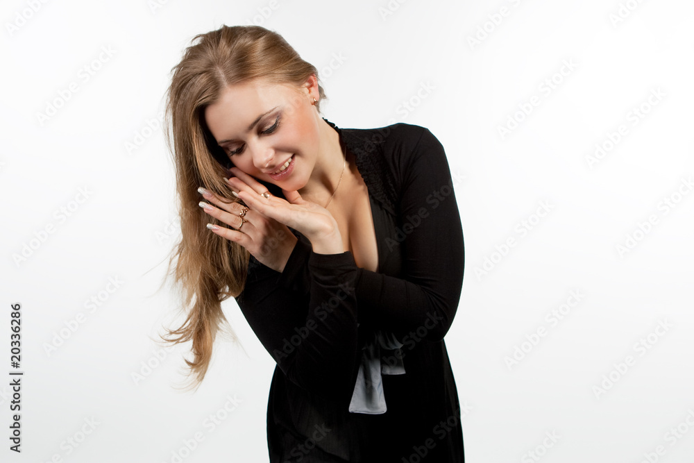 shy cute blond with long hair isolated on white shy cute blond with long hair isolated on white