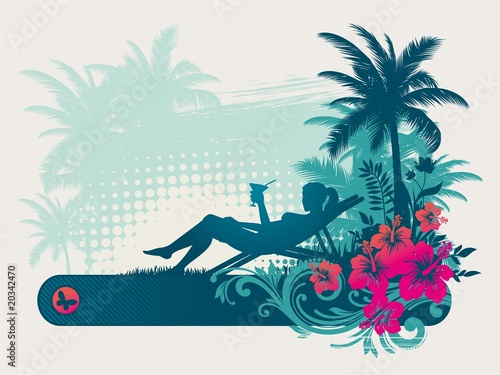 Sillhouette of a girl drinking cocktail on a tropical landscape