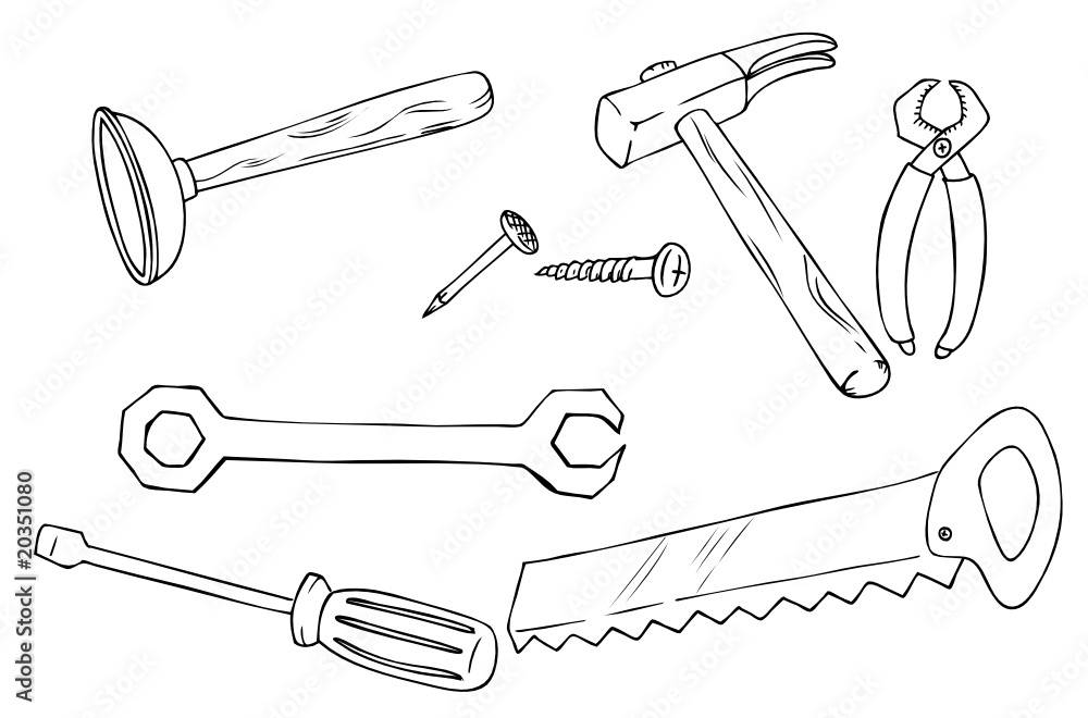 Werkzeug, Hammer, Säge, Pömpel, Zange, Schrauben Stock Vector