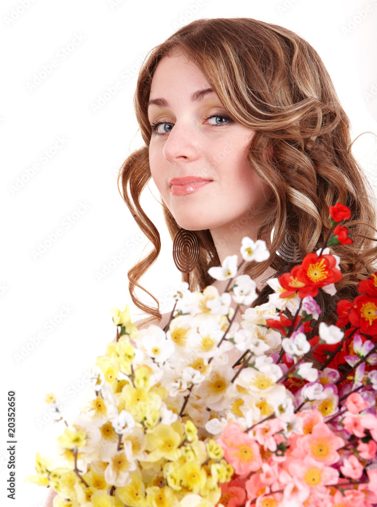 Fototapeta premium Beautiful girl with spring flower. Isolated.