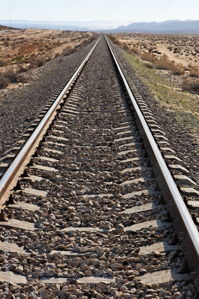 Naklejka premium Straight railway in the desert converging to the horizon