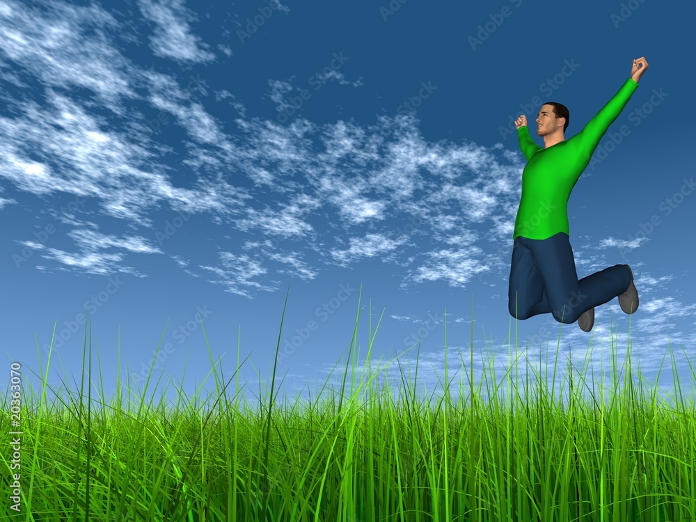 High resolution conceptual 3D human jumping happy in grass High resolution conceptual 3D human jumping happy in grass