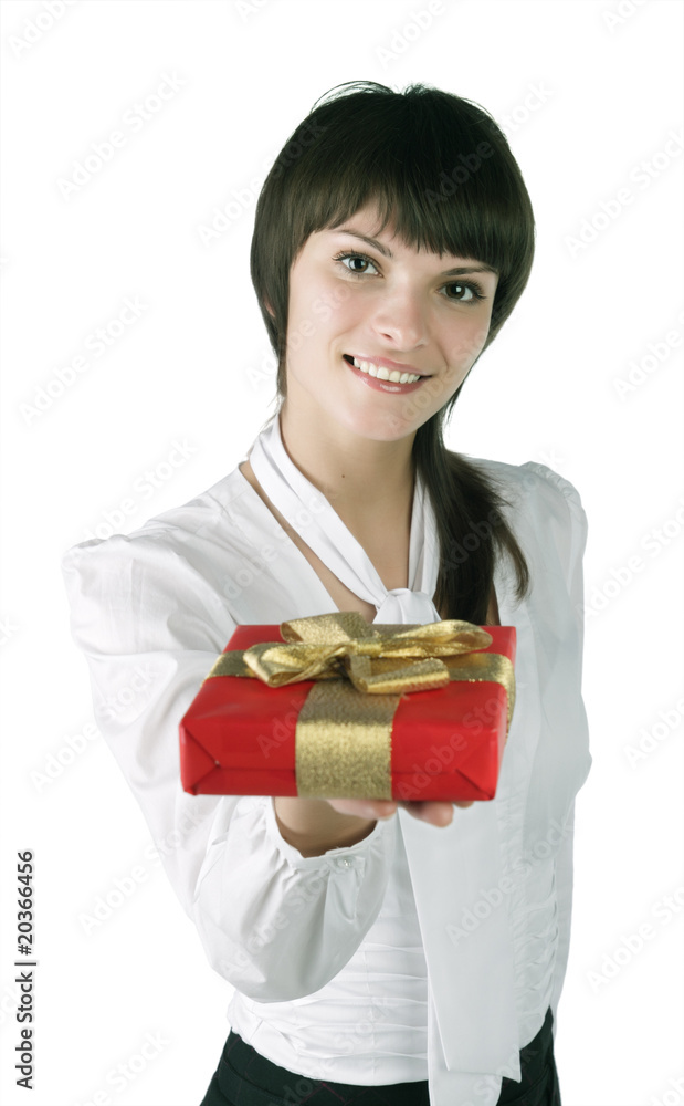 The girl stretches a red box, isolated on white background The girl stretches a red box, isolated on white background
