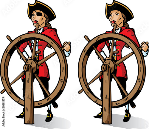 Cartoon Pirate at the helm. Part of a series.