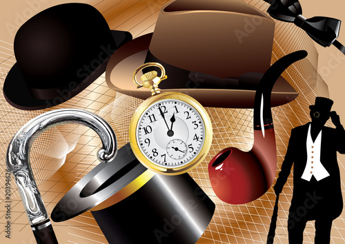Vector Victorian gentleman set with objects and silhouette