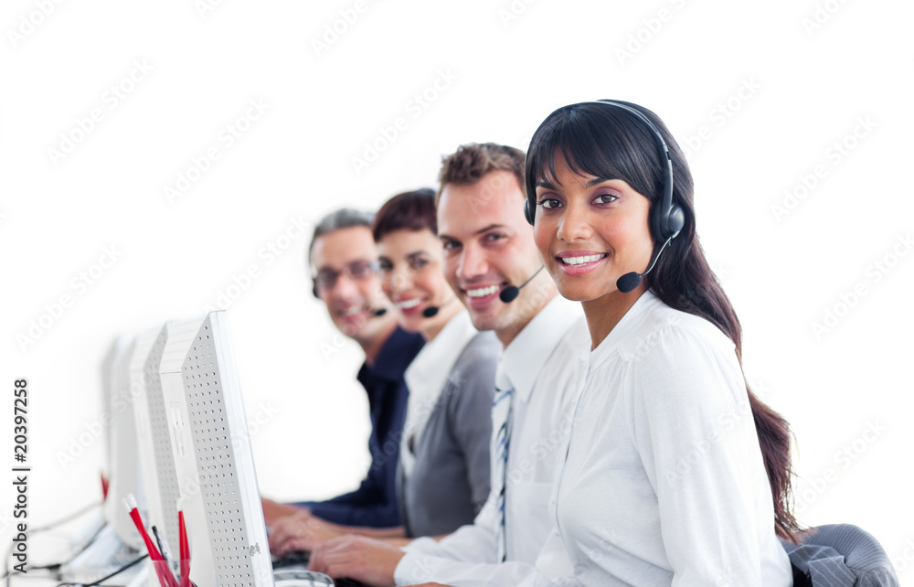 Positive customer service representatives with headset on Positive customer service representatives with headset on