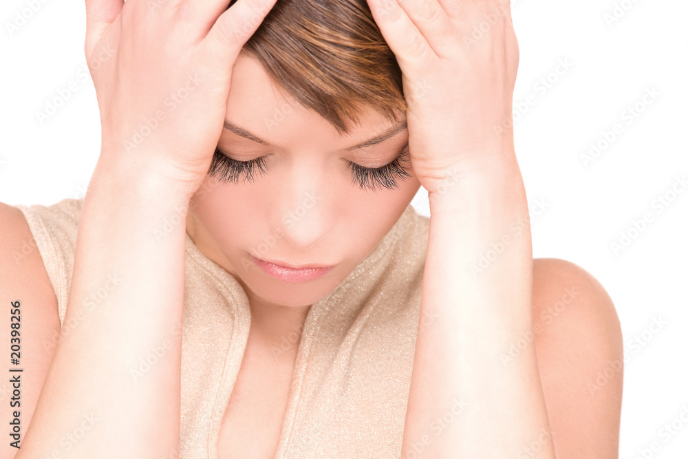 bright picture of unhappy woman over white bright picture of unhappy woman over white