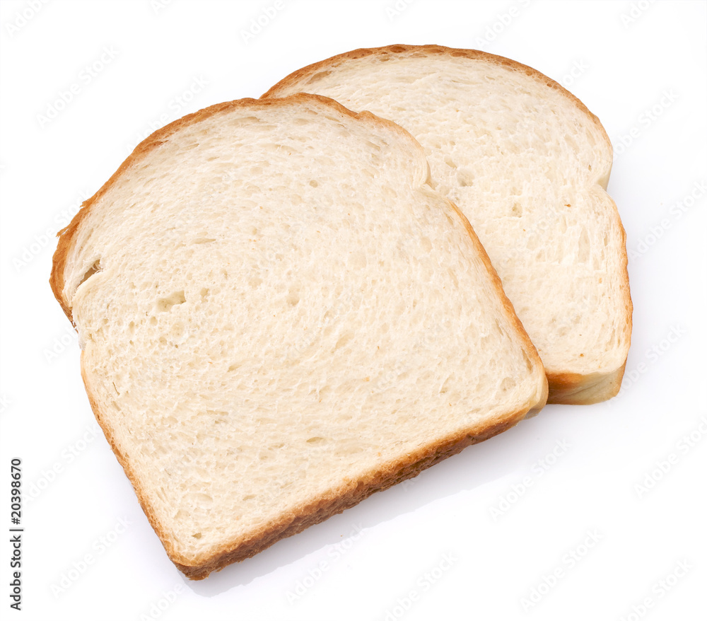 Two slices of white sandwich bread isolated with clipping path