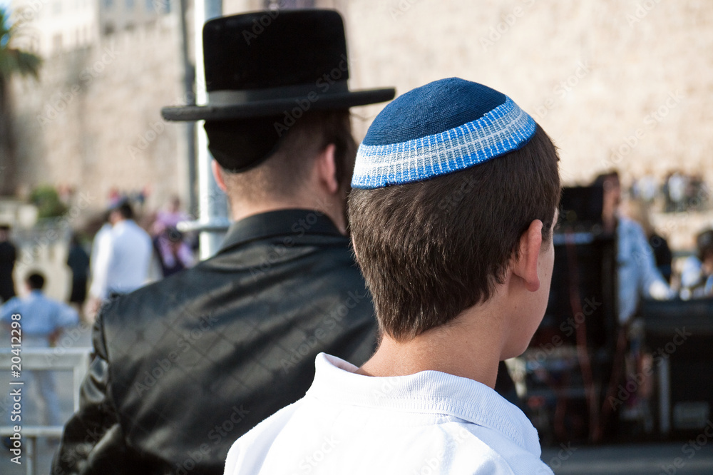 Hassidic Jewish man with religious youth old city Jerusalem Hassidic Jewish man with religious youth old city Jerusalem