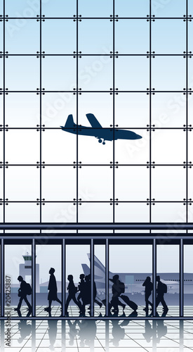 travelers inside airport terminal.