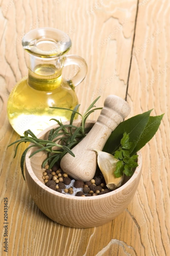 Mortar and pestle, with fresh-picked herbs Mortar and pestle, with fresh-picked herbs
