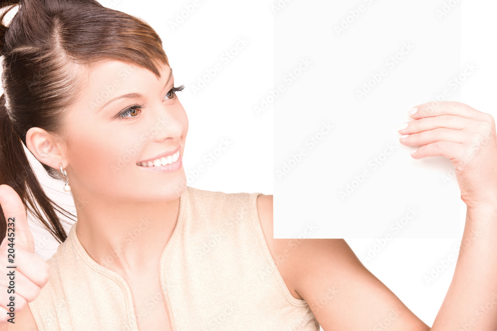 happy woman with blank board