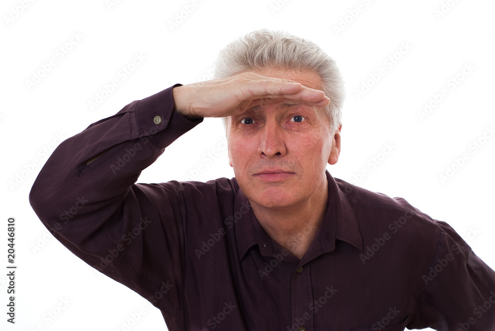 Senior man looking out for you isolated on white. Senior man looking out for you isolated on white.